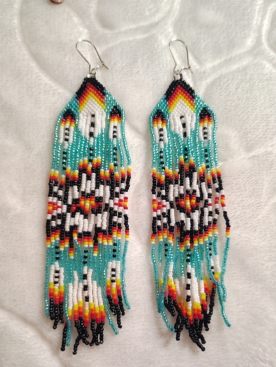 Jewelry - Handmade Turquoise Seed Bead Fringe Earrings - Boho Colorful Dangle